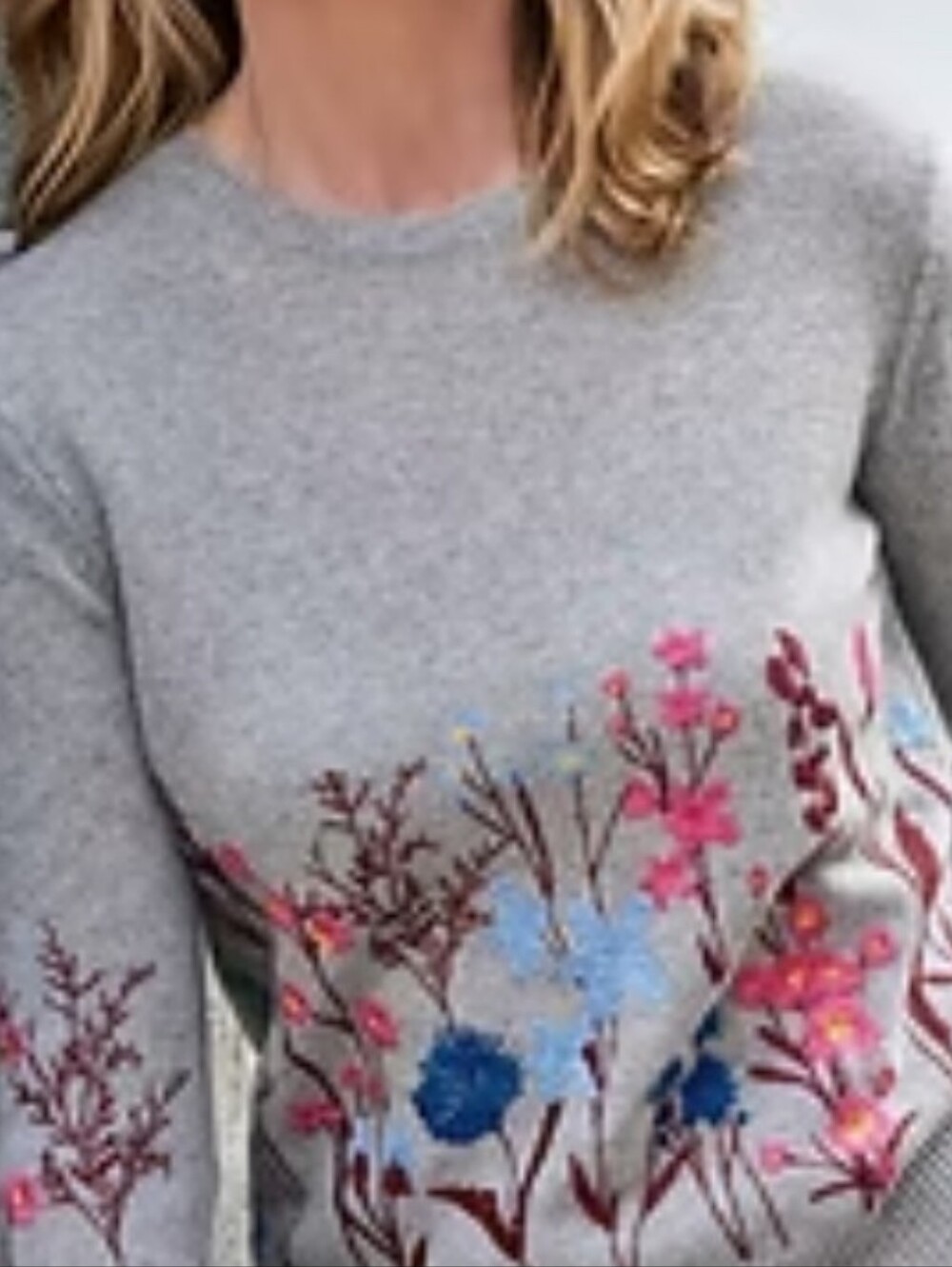 WoolOvers Wildflower Embroidered Lambswool Sweater M Gray Floral
